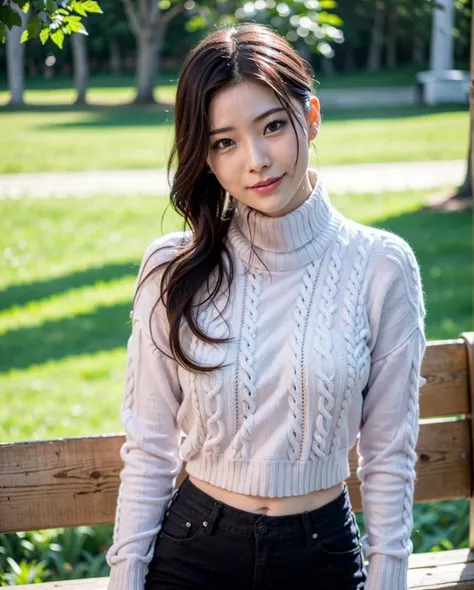 pureerosface_v1:0.3, best quality, photorealistic, 8k, high res, full color, 1girl, woman, 20 years old woman, closed mouth, (skindentation), (portrait:0.6), trees, park bench, daylight, ((park background:1.52)), full color, ((necksweater:1.68)), looking at viewer:1.8, (1girl eyes looking at viewer:1.55), (medium-length hair, blackhair, partedbangs:1.45), (bokeh), <lora:AAV-rei2:0.65>