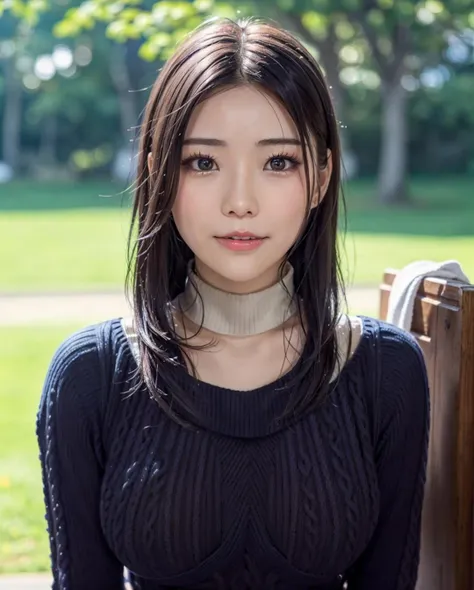 pureerosface_v1:0.3, best quality, photorealistic, 8k, high res, full color, 1girl, woman, 20 years old woman, closed mouth, (skindentation), (portrait:0.6), trees, park bench, daylight, ((park background:1.52)), full color, ((necksweater:1.68)), looking at viewer:1.8, (1girl eyes looking at viewer:1.55), (medium-length hair, blackhair, partedbangs:1.45), (bokeh), <lora:AAV-rei2:0.65>