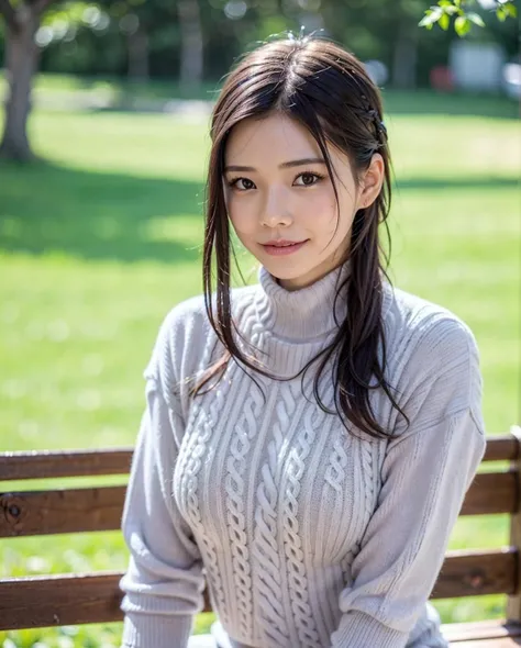 pureerosface_v1:0.3, best quality, photorealistic, 8k, high res, full color, 1girl, woman, 20 years old woman, closed mouth, (skindentation), (portrait:0.6), trees, park bench, daylight, ((park background:1.52)), full color, ((necksweater:1.68)), looking at viewer:1.8, (1girl eyes looking at viewer:1.55), (medium-length hair, blackhair, partedbangs:1.45), (bokeh), <lora:AAV-rei2:0.65>