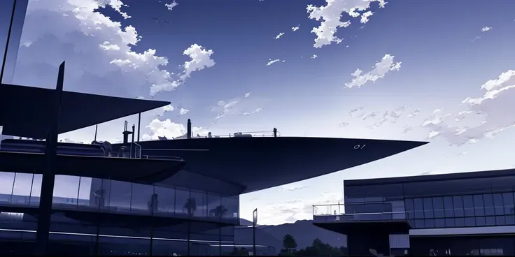 masterpiece, best quality, cloud, sky, cloudy sky, scenery, outdoors, blue sky, horizon, no humans, ship, building, city lights, science fiction, shadow, fgstyle <lora:FGstyle:0.8>