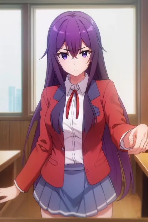 karenkannazuki, <lora:karen kannazuki s2-lora-nochekaiser:1>,
karen kannazuki, long hair, (purple eyes:1.1), purple hair, ahoge,
BREAK skirt, school uniform, blazer, (red blazer:1.5), shirt, white shirt, collared shirt, ribbon, blue ribbon,
BREAK indoors, classroom,
BREAK looking at viewer,
BREAK <lyco:GoodHands-beta2:1>, (masterpiece:1.2), best quality, high resolution, unity 8k wallpaper, (illustration:0.8), (beautiful detailed eyes:1.6), extremely detailed face, perfect lighting, extremely detailed CG, (perfect hands, perfect anatomy),