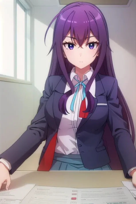 karenkannazuki, <lora:karen kannazuki s2-lora-nochekaiser:1>,
karen kannazuki, long hair, (purple eyes:1.1), purple hair, ahoge,
BREAK skirt, school uniform, blazer, (red blazer:1.5), shirt, white shirt, collared shirt, ribbon, blue ribbon,
BREAK indoors, classroom,
BREAK looking at viewer,
BREAK <lyco:GoodHands-beta2:1>, (masterpiece:1.2), best quality, high resolution, unity 8k wallpaper, (illustration:0.8), (beautiful detailed eyes:1.6), extremely detailed face, perfect lighting, extremely detailed CG, (perfect hands, perfect anatomy),
