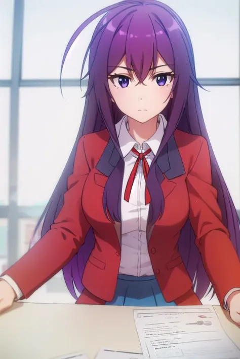 karenkannazuki, <lora:karen kannazuki s2-lora-nochekaiser:1>,
karen kannazuki, long hair, (purple eyes:1.1), purple hair, ahoge,
BREAK skirt, school uniform, blazer, (red blazer:1.5), shirt, white shirt, collared shirt, ribbon, blue ribbon,
BREAK indoors, classroom,
BREAK looking at viewer,
BREAK <lyco:GoodHands-beta2:1>, (masterpiece:1.2), best quality, high resolution, unity 8k wallpaper, (illustration:0.8), (beautiful detailed eyes:1.6), extremely detailed face, perfect lighting, extremely detailed CG, (perfect hands, perfect anatomy),