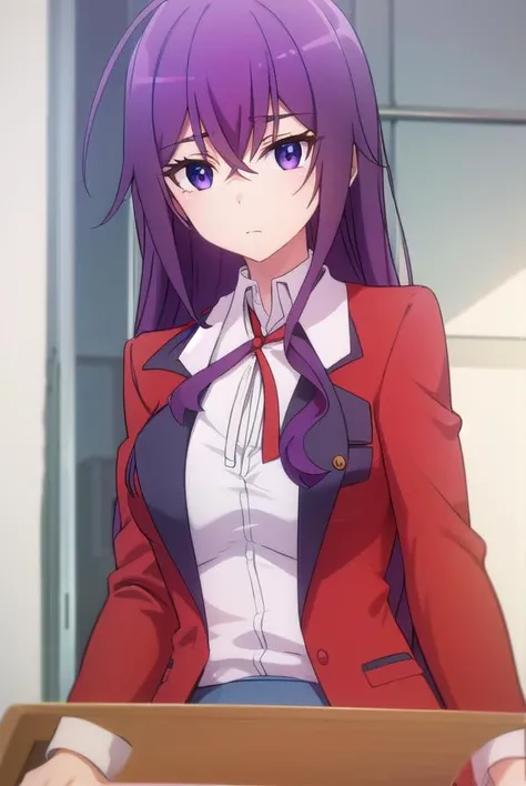 karenkannazuki, <lora:karen kannazuki s2-lora-nochekaiser:1>,
karen kannazuki, long hair, (purple eyes:1.1), purple hair, ahoge,
BREAK skirt, school uniform, blazer, (red blazer:1.5), shirt, white shirt, collared shirt, ribbon, blue ribbon,
BREAK indoors, classroom,
BREAK looking at viewer,
BREAK <lyco:GoodHands-beta2:1>, (masterpiece:1.2), best quality, high resolution, unity 8k wallpaper, (illustration:0.8), (beautiful detailed eyes:1.6), extremely detailed face, perfect lighting, extremely detailed CG, (perfect hands, perfect anatomy),
