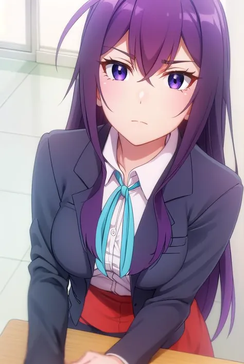 karenkannazuki, <lora:karen kannazuki s2-lora-nochekaiser:1>,
karen kannazuki, long hair, (purple eyes:1.1), purple hair, ahoge,
BREAK skirt, school uniform, blazer, (red blazer:1.5), shirt, white shirt, collared shirt, ribbon, blue ribbon,
BREAK indoors, classroom,
BREAK looking at viewer,
BREAK <lyco:GoodHands-beta2:1>, (masterpiece:1.2), best quality, high resolution, unity 8k wallpaper, (illustration:0.8), (beautiful detailed eyes:1.6), extremely detailed face, perfect lighting, extremely detailed CG, (perfect hands, perfect anatomy),