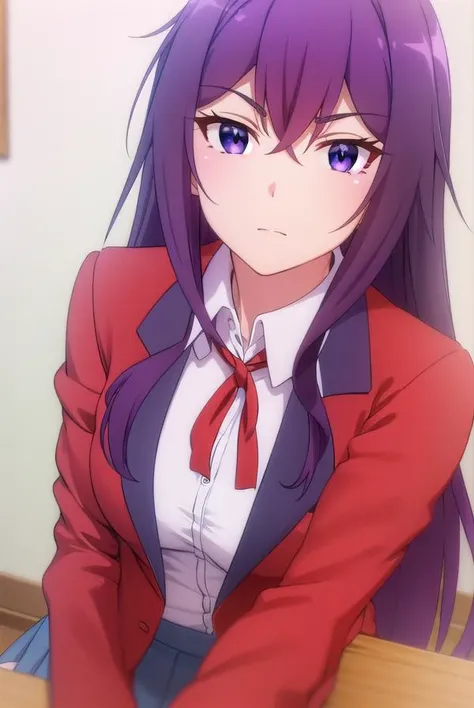 karenkannazuki, <lora:karen kannazuki s2-lora-nochekaiser:1>,
karen kannazuki, long hair, (purple eyes:1.1), purple hair, ahoge,
BREAK skirt, school uniform, blazer, (red blazer:1.5), shirt, white shirt, collared shirt, ribbon, blue ribbon,
BREAK indoors, classroom,
BREAK looking at viewer,
BREAK <lyco:GoodHands-beta2:1>, (masterpiece:1.2), best quality, high resolution, unity 8k wallpaper, (illustration:0.8), (beautiful detailed eyes:1.6), extremely detailed face, perfect lighting, extremely detailed CG, (perfect hands, perfect anatomy),