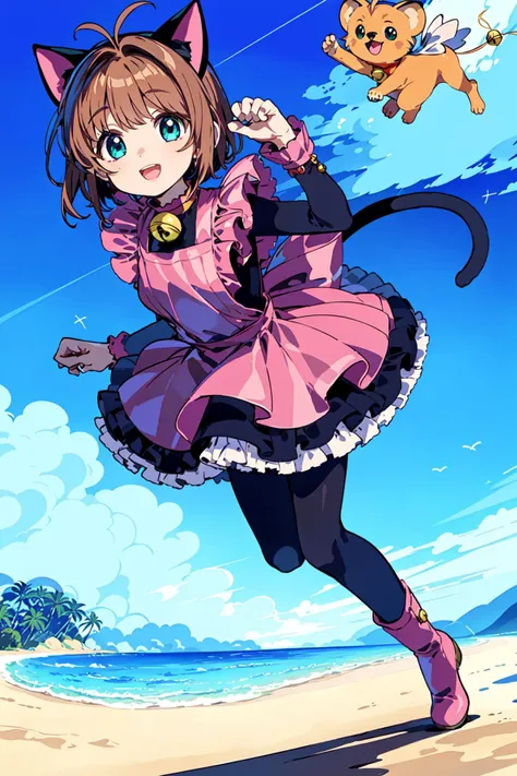 (masterpiece:1.2), best quality, ultra high resolution, unity 8k wallpaper, (illustration:1.0), (beautiful detailed eyes:1.6), extremely detailed face, perfect lighting, extremely detailed CG, (perfect hands,perfect anatomy), (dynamic angle and pose:1.3), nice angle, (1girl, solo:1.5), BREAK
kinomoto sakura, green eyes, brown hair, short hair, antenna hair, BREAK
fake animal ears, animal ears, cat ears, tail, cat tail, dress, black dress, long sleeves, pink dress, apron, pink apron, bell, open mouth, pantyhose, black pantyhose, jingle bell, boots, pink footwear, BREAK
kero, BREAK
smile, paw pose, open mouth, BREAK
(palm tree:1.3), (ocean:1.3), (outdoors:1.2), (sky:1.2), (beach:1.4), (walking:1.3),(medium full shot:1.4),(raising one hand:1.4),