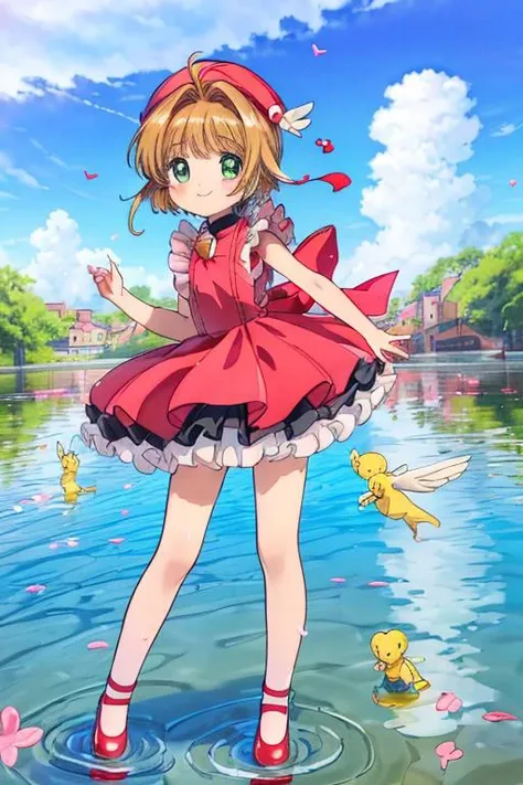 dutch angle, A girl smiling at viewer, full body, <lora:yukino_minato_style_v2:1>, cardcaptor sakura, red dress