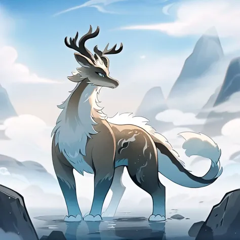 ultra-detailed,(best quality),((masterpiece)),(highres),original,extremelyï¼ <lora:juqing2:1>ï¼g1a2s, no humans, pokemon (creature), solo, cloud, fog, standing, outdoors, rock, full body, white fur, sky, antlers, horns, smoke, water, closed mouth, blurry, animal focus, mountain, tattoo, closed eyes, gradient, furry, tail, eastern dragon, snout, cloudy sky, from side, twitter username