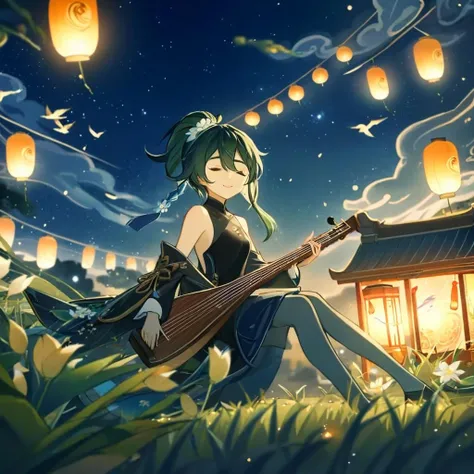 ultra-detailed,(best quality),((masterpiece)),(highres),original,extremelyï¼ <lora:juqing2:1>ï¼nstrument, flower, closed eyes, sitting, music, lantern, playing instrument, solo, 1boy, bangs, bird, closed mouth, xiao (genshin impact), detached sleeves, male focus, white flower, blurry, black hair, 1girl, night, dress, sky, musical note, bare shoulders, outdoors, hair ornament, short hair, parted bangs, cloud, paper lantern, chinese clothes, sidelocks, multicolored hair, holding instrument, holding, blue hair, smile, ponytail, night sky, tassel, depth of field, blurry foreground, flute, full body, long hair, green hair, alternate costume, artist name, forehead mark, long sleeves, scaramouche (genshin impact), lotus, short hair with long locks, crossed legs, architecture, water, lute (instrument), black dress, hair between eyes, sleeveless, grass