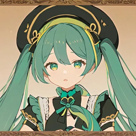 <lora:juqing2:1>ï¼g1a2s,  masterpiece, best quality,  1girl,hatsune miku, green hair, long hair,twintails, black headwear,
