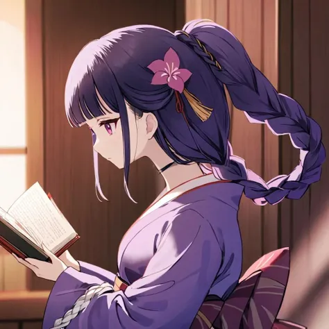 ultra-detailed,(best quality),((masterpiece)),(highres),original,extremelyï¼ <lora:juqing2:1>ï¼g1a2s, raiden shogun, 1girl, book, long hair, purple hair, reading, holding, japanese clothes, holding book, braid, hair ornament, solo, bangs, kimono, from side, open book, mole under eye, sash, purple eyes, mole, bridal gauntlets, purple kimono, flower, obi, single braid, upper body, braided ponytail, profile, blunt bangs, long sleeves, parody, closed mouth, photo background, ribbon, very long hair, hair flower, tassel, sidelocks, indoors, red eyes, wide sleeves, pink eyes, bow, purple flower, breasts