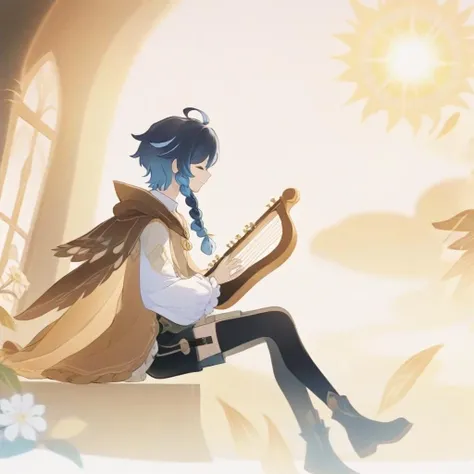 <lora:juqing:1>,g1a2s, 1boy, male focus, black hair, solo, venti (genshin impact), braid, shorts, cape, short hair with long locks, long sleeves, closed eyes, instrument, twin braids, multicolored hair, blue hair, sitting, bangs, holding instrument, androgynous, gradient hair, from side, brown cloak, holding, frilled sleeves, shirt, hood, lyre, white shirt, frills, flower, closed mouth, sun, music, ahoge, black footwear, window, white flower, wariza, wings, cloud, sidelocks, sky, playing instrument, hooded cloak, profile, collared cape, black shorts, pantyhose, shoes, boots, hood down, cloak, green shorts, full body, leaf, seiza, corset, smile
