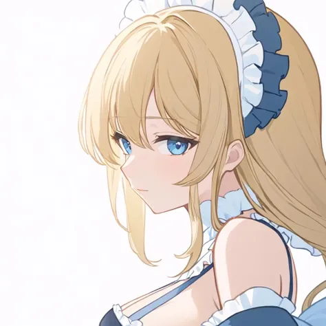 {{View from above}} {{Artist: Sincos}} 1girl, Big breasts, rather showy maid outfit, long blonde hair, pouty face, Kneeling, Attractive face, blue eyes
