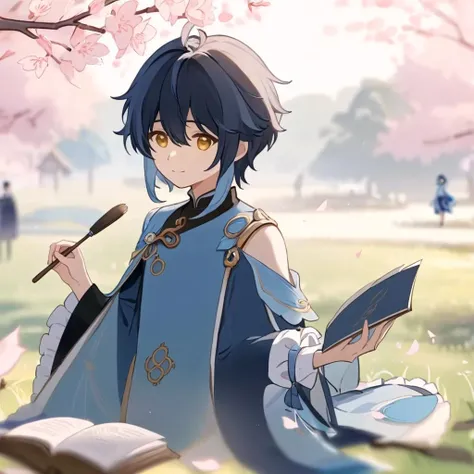 ultra-detailed,(best quality),((masterpiece)),(highres),original,extremelyï¼ <lora:juqing2:1>ï¼g1a2s, xingqiu (genshin impact), book, holding, blue hair, holding book, cherry blossoms, long sleeves, yellow eyes, tree, outdoors, wide sleeves, male focus, bangsï¼1boy, short hair, frills, multiple boys, blurry, open book, closed mouth, cape, chinese clothes, grass, sitting, reading, jewelry, dress, petals, day, blurry background, scaramouche (genshin impact), frilled sleeves, shirt, tassel, holding brush, shorts, black hair, standing, water, hair between eyes, brown eyes, vision (genshin impact), coat, blue dress, coat on shoulders, depth of field, branch, solo focus, monocle, asymmetrical bangs, paintbrush, 1girl, looking at another, solo, mandarin collar, light blue hair, blue cape, 2girls, flower, sidelocks, jacket, holding paintbrush, blunt ends, smile