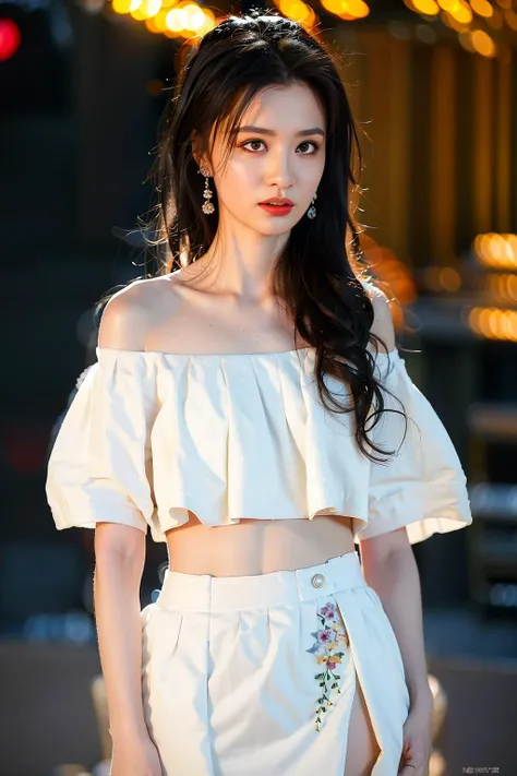 masterpiece, best quality, 1girl, aqua eyes, black hair, closed mouth, multicolored background, looking at viewer, outdoors, solo, upper body, alluring, clean, beautiful face, pure face, pale skin, sexy pose,(( off shoulder, navel, miniskirt, )), twintails, ((perfect female figure)), mature female, milf, narrow waist, chinese deity, seductive, highly detailed,best quality, masterpiece, highres, original, extremely detailed 8K, wallpaper, masterpiece, best quality, illustration, beautifully detailed eyes, cinematic lighting, earrings, jewelry,