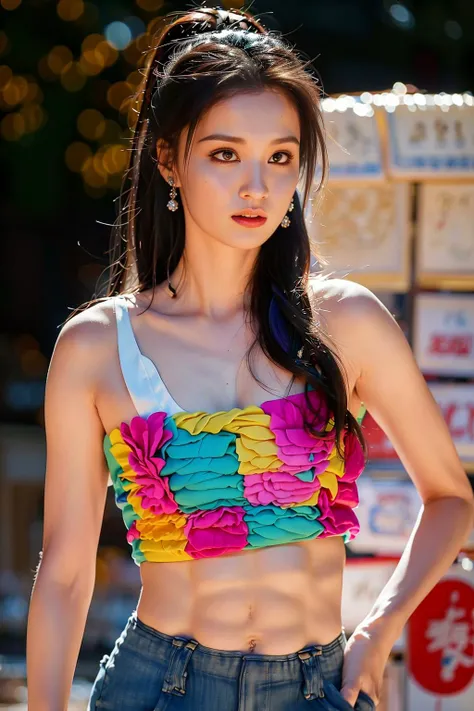 masterpiece, best quality, 1girl, aqua eyes, black hair, closed mouth, multicolored background, looking at viewer, outdoors, solo, upper body, alluring, clean, beautiful face, pure face, pale skin, sexy pose,((tube top, navel, shorts)), ponytail, ((perfect female figure)), mature female, milf, narrow waist, chinese deity, seductive, highly detailed,best quality, masterpiece, highres, original, extremely detailed 8K, wallpaper, masterpiece, best quality, illustration, beautifully detailed eyes, cinematic lighting, earrings, jewelry,