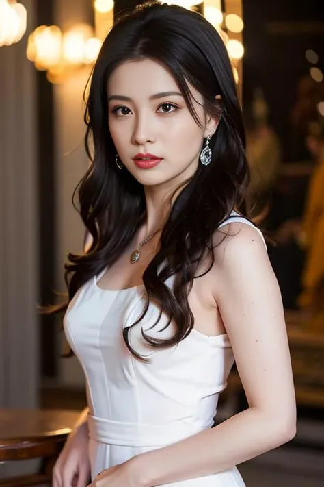masterpiece, best quality, 1girl, aqua eyes, black hair, closed mouth, multicolored background, looking at viewer, outdoors, solo, upper body, alluring, clean, beautiful face, pure face, pale skin, sexy pose,((luxury dress, breasts slit)), long hair, ((perfect female figure)), mature female, milf, narrow waist, chinese deity, seductive, highly detailed,best quality, masterpiece, highres, original, extremely detailed 8K, wallpaper, masterpiece, best quality, illustration, beautifully detailed eyes, cinematic lighting, earrings, jewelry, <lora:wangChuRan_v10:0.6>, <lora:Korean-doll-likeness:0.2>