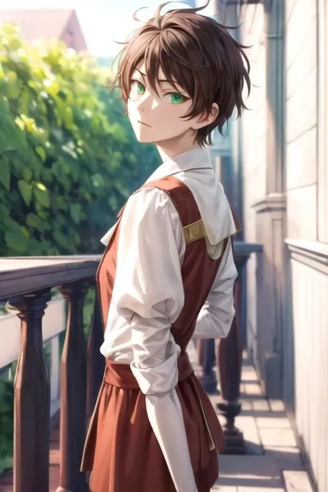 masterpiece, best quality, sketch, 1boy, solo, male focus, looking at viewer, , depth of field, anime coloring, , <lora:raji_shenazard:0.72>, raji_shenazard, brown hair, green eyes, romper, , ,