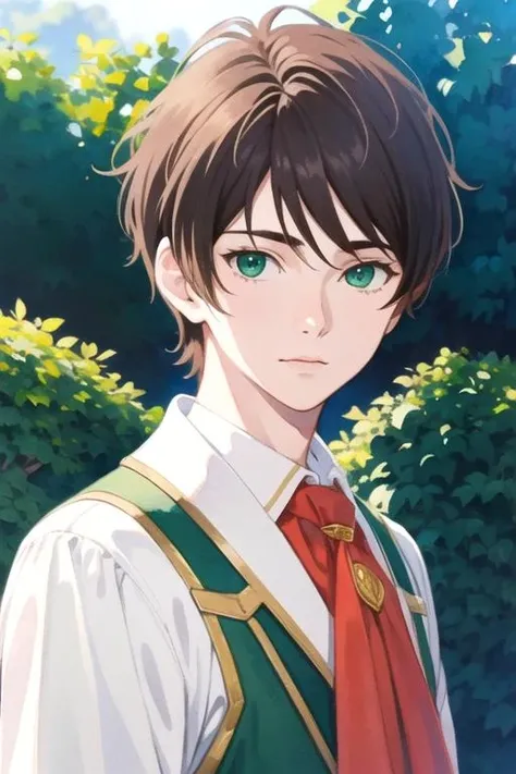 masterpiece, best quality, photorealistic, 1boy, solo, male focus, looking at viewer, upper body, , (watercolor illustration, soft pastel colors:1.1), realistic, <lora:raji_shenazard:0.74>, raji_shenazard, brown hair, green eyes, toga costume, , 32k resolution