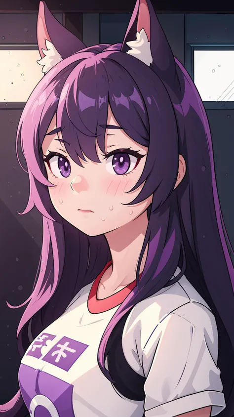 best quality, aesthetic, detailed, by ziyun, 1girl, rice shower, hair over one eye, long hair, horse ears, purple eyes, squiggle, sportswear, detailed face, dark room messy room, shadow dim light, rim lighting, cartoon style
