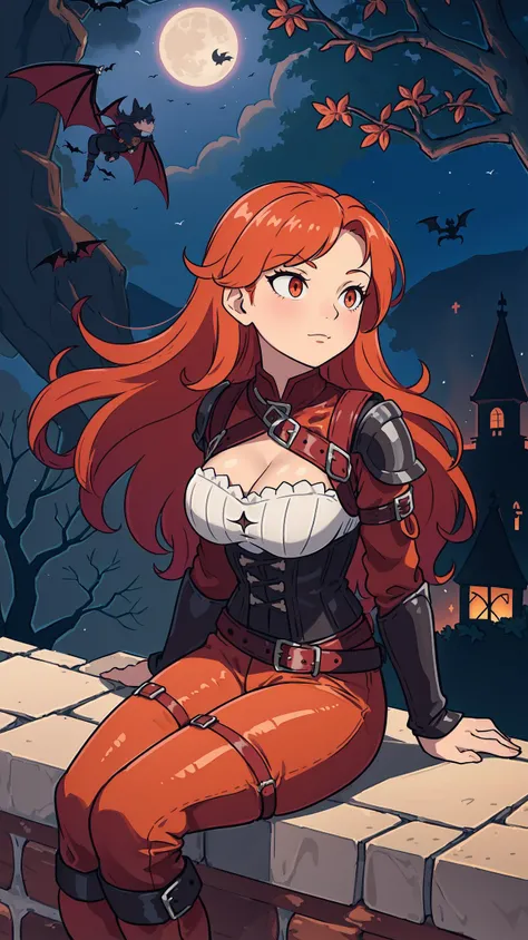 (best quality, masterpiece:1.1), full body, sideview, (facing up:1.2), looking up, (1female), benevolent face, orange hair, very long hair, wavy hair, rogue, corset shirt, (red leather pants:1.1), (straps buckles:1.2), armor, (Dreamlike Nightscape, Gothic Castle Under Full Moon, Dark Bara Tree, Bats Flying Above, Sitting On The Top Castle Wall, (fantasy, medieval, ancient))