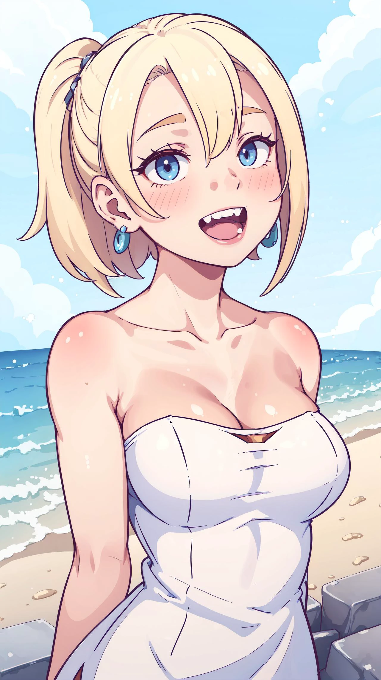 (masterpiece, best quality:1.3), yamanaka ino, looking at viewer, (laughing:1.2), open mouth, (head tilt:1.2), head back, standing, upper body, v arms, blonde hair, blush, blue eyes, (empty eyes:1.2), earrings, topless, sleeveless, strapless, cleavage, (skin dentation:1.2), bare shoulders, collarbone, medium breasts, sagging breasts, hanging breasts, shiny skin, solo, outdoors, (detailed, highres:1.4), breasts squeezed together