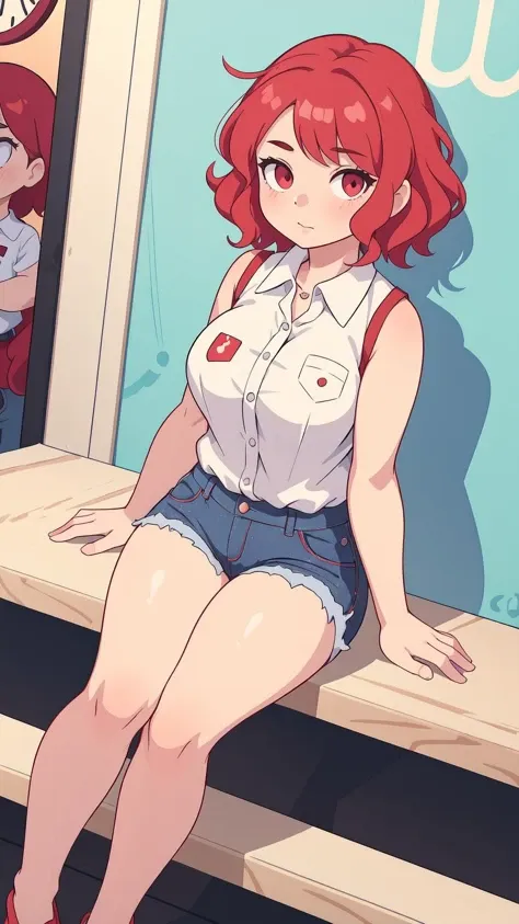 masterpiece, best quality, 1girl, red hair, wavy hair, very short hair, collared shirt, partially unbuttoned, cutoff jeans, mature female, cartoon style, chubby girl, public places ,feet out of frame, sleeveless