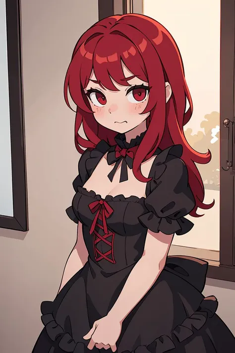 (masterpiece, best quality), 1girl, red hair, medium chest, gothic frill dress, pervert face, <lora:add_detail:1>