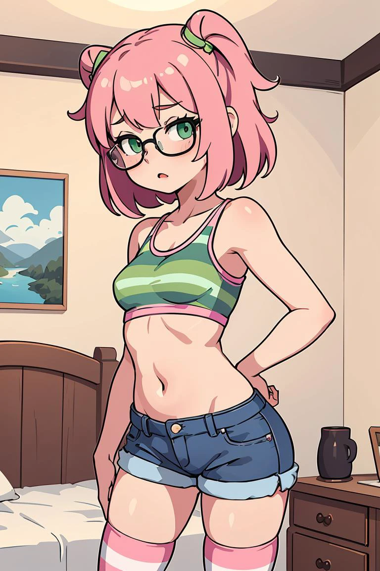 (masterpiece, best quality), 1girl, small breasts, small hips, green eyes, pink hair, crop top, denim shorts, bedroom, striped thighhighs, pervert, petite, glasses,