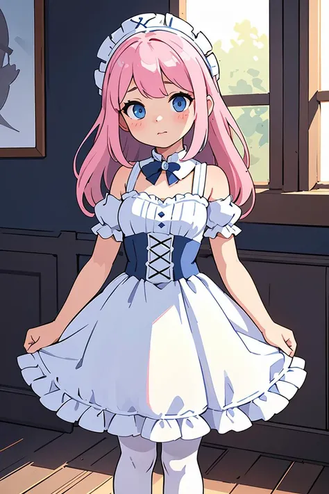 (masterpiece, best quality), 1girl, blue and white frill dress, (white stockings), pink hair, cute face, standing, indoor, intricate detail, sunlight,