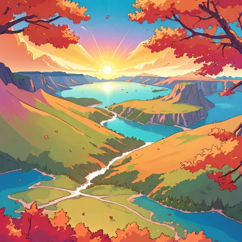 (masterpiece, best quality), fantasy landscape, mountains, forests, lake, river, waterfall, gorge, (aerial view)++, (horizon++), (vivid, detailed, intricate, mesmerizing), (ultra resolution, 8k, best quality, epic, breathtaking) (colorful++), (early autumn, sunny++), extra detailed, cartoon style