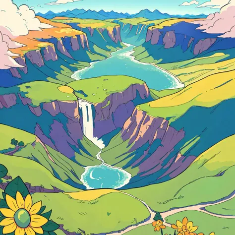(masterpiece, best quality), fantasy landscape, mountains, forests, lake, river, waterfall, gorge, (aerial view)++, (horizon++), (vivid, detailed, intricate, mesmerizing), (ultra resolution, 8k, best quality, epic, breathtaking) (colorful++), (late spring, sunny++), extra detailed, cartoon style