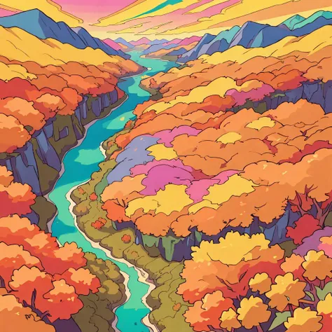 (masterpiece, best quality), fantasy landscape, mountains, forests, lake, river, waterfall, gorge, (aerial view)++, (horizon++), (vivid, detailed, intricate, mesmerizing), (ultra resolution, 8k, best quality, epic, breathtaking) (colorful++), (early autumn, sunny++), extra detailed, cartoon style