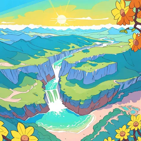 (masterpiece, best quality), fantasy landscape, mountains, forests, lake, river, waterfall, gorge, (aerial view)++, (horizon++), (vivid, detailed, intricate, mesmerizing), (ultra resolution, 8k, best quality, epic, breathtaking) (colorful++), (hot summer++, sunny++), extra detailed, cartoon style