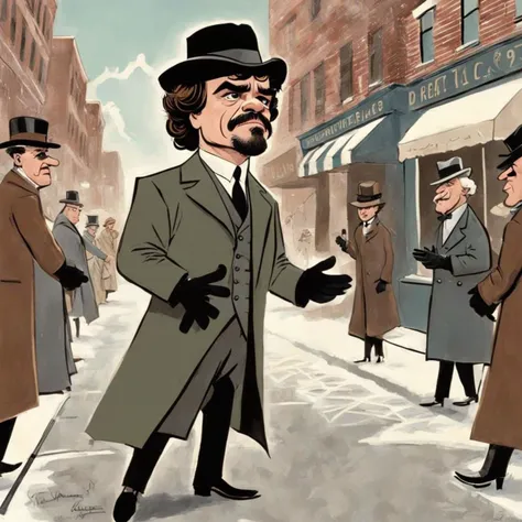 MidCenturyComic, Peter Dinklage in a busy street, hat, gloves, long coat, masterpiece, best quality