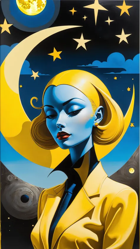 moon goddess, a painting of a woman with a yellow head and a black shirt on, with a yellow moon on her head, Adam Manyoki, cinematic still, hylics 2, a painting of a person with a yellow head and a black shirt and tie with a yellow background and a blue sky, Dave McKean, moon, a screenprint, pop surrealism, moon head, cartoon, a yellow devil head with a abstract background with a yellow moon head, Alice Prin, moon, lobotomy, stars, moon head shape, moon head and blue face on a galaxy background, Dave McKean, fantasy background, an album cover, vanitas, waning moon, colorful, holding moon, full body, (beautiful anime girl, anime cartoon style:1.5)