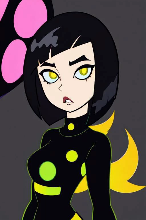 kawaii cute goth girl in a cartoon style, 1girl,solo, upper body, looking at viewer, bob cut, short hair, black hair, makeup, parted lips, eyeliner, yellow glowing canine eyes