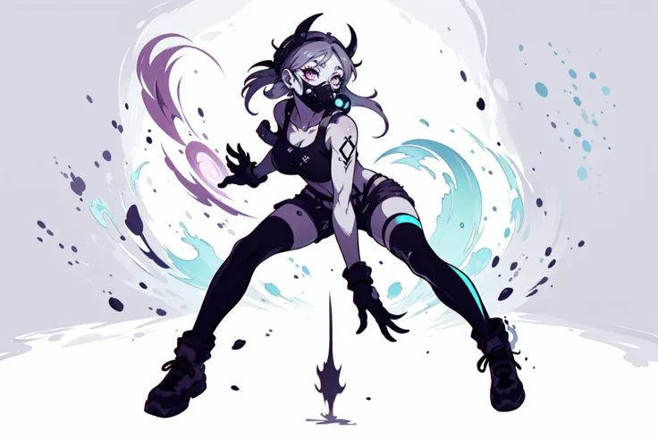 breathtaking full shot, full body, a beautiful woman, vivid colors, extremely detailed, dynamic lighting, dynamic pose, <lora:edgGrungeFreestyle:0.7> edgGrunge, wearing edgGrunge fashion <lora:girl_with_mask_lora013:1> mask <lora:LabstractGeo:1> CS-CYBR, masterpiece, award-winning, professional, highly detailed