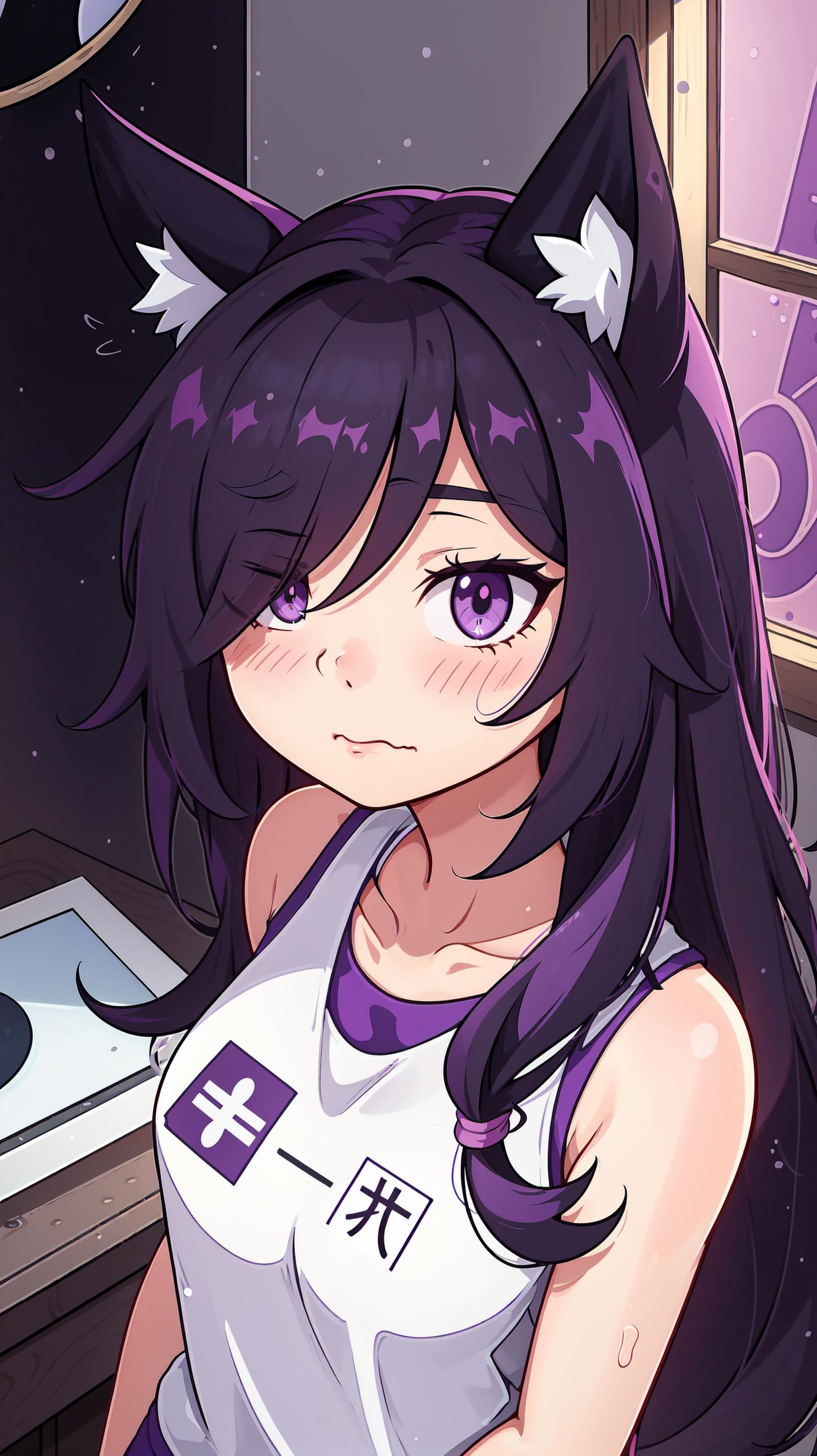 Anime girl with long black hair and purple eyes in a room - SeaArt AI