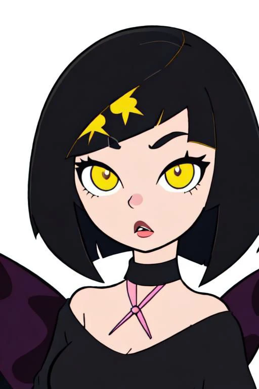 kawaii cute goth girl in a cartoon style, 1girl,solo, upper body, looking at viewer, white background, bob cut, short hair, black hair, makeup, parted lips, eyeliner, yellow blowing cat eyes