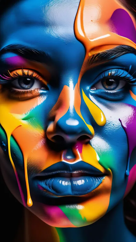 Colorful ink cascaded the canvas, forming human face. photo, studio lighting, sony a7, 35mm, hyperrealistic, big depth of field, concept art, colors, hyperdetailed, hyperrealistic, (big depth of field), (moody lighting), (ambient light), ((cinematic))