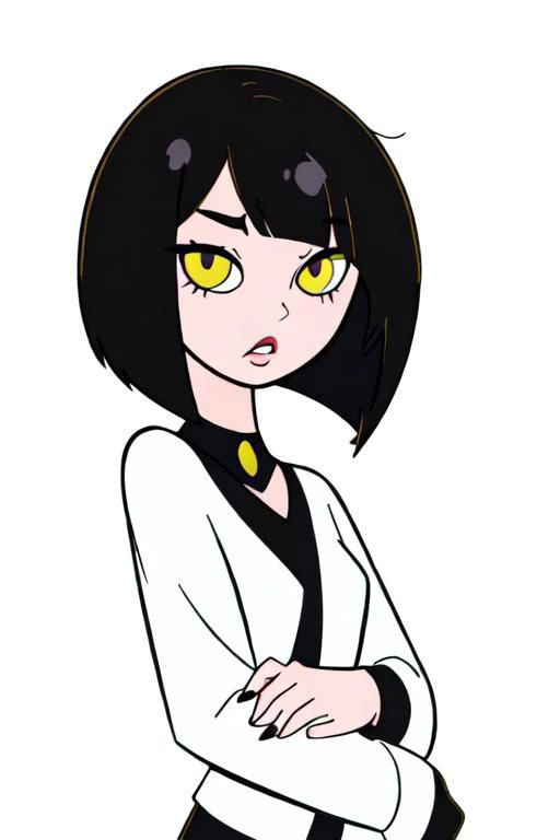 kawaii cute goth girl in a cartoon style, 1girl,solo, upper body, looking at viewer, white background, bob cut, short hair, black hair, makeup, parted lips, eyeliner, yellow blowing cat eyes