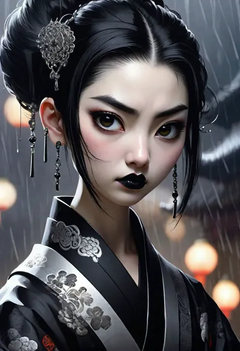 japanese brush painting, brush painting, dark fantasy style, gothic style, ((masterpiece, best quality)), 1girl, goth, black lipstick, very short black hair, messy hair, intricate design, intricate embroidery, silver ornaments, disgust, contempt, authority, from below, angle, tilted head, gloomy atmosphere, strong rim lighting, volumetric lighting, raining, wet