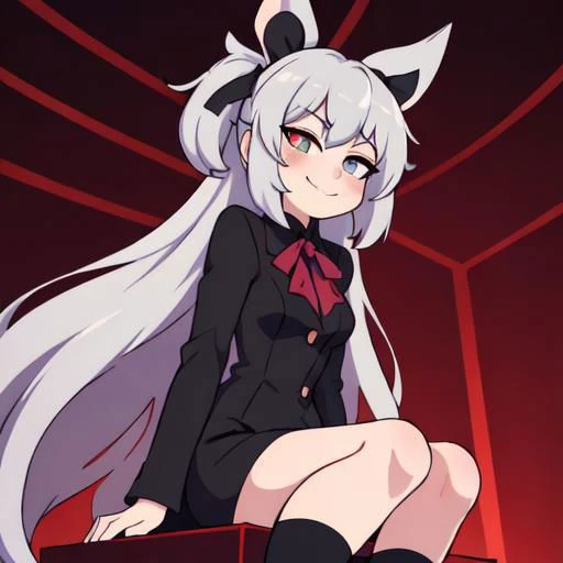 Tall woman with folded arms,White mouse ears,White wavy long hair,Red Eye,Grin,Full body low angle shot,Coccyx to Rat Tail,Red mandarin gown showing off legs,Black Shorts,