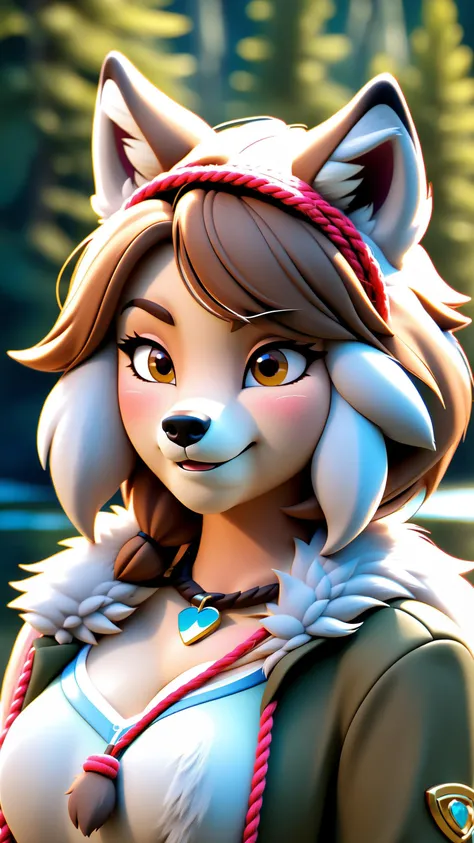 1girl, furry girl, anime furry women, (best quality), ((masterpiece)), ((realistic)), (detailed), portrait, close up, young female, RAW photo, uhd, dslr, high quality, realistic, photo realistic, dreamlikeart, lens flare, upper body, looking at viewer, animal focus, furry,wolf fursuit, 1girl, cute, kawaii, lovely, fur, fur head, wolf head, narrow waist, wolf ears, chocker with rope, blush, paw, paw shoes, stunning gradient colors, no watermark signature, detailed background, woods, small lake with island, insanely detailed, ((masterpiece)), absurdres, HDR