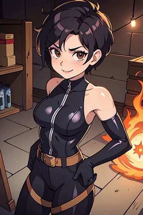 spiky pixie hairstyle, short hair, skin, gloves, bodysuite stocking, military stocking body, mature woman ,dark black hair, ((hair cut super short,)),Brown eyes, smile lips, legs, warehouse lit only by a red light at the center of a large room, scenery, dark, night, building