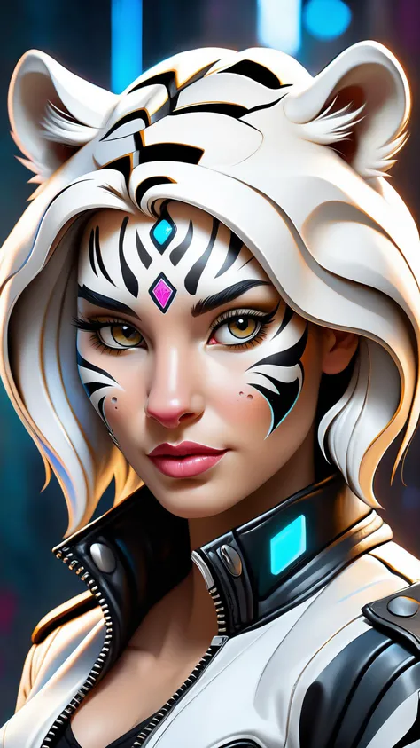 Cyberpunk white tiger is women, punk jacket, renaissance, hyper realistic style, oil painting, fantasy by olga fedorova, cartoon style