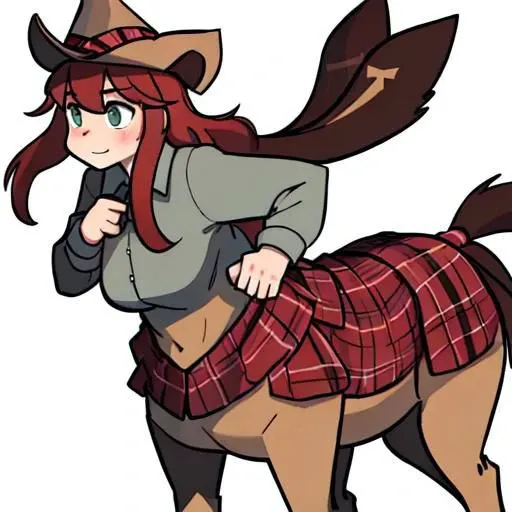 (centuar:1.5), plaid shirt, realistic, female, cute, trotting, (centaur girl:1.5), cowboy hat, fantasy