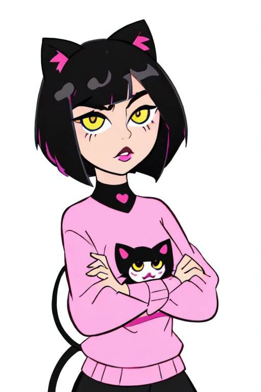 kawaii cute goth girl in a cartoon style, 1girl,solo, upper body, looking at viewer, white background, bob cut, short hair, black hair, makeup, parted lips, eyeliner, yellow blowing cat eyes